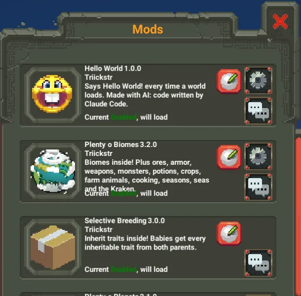 NeoModLoader's Mods window in WorldBox. Hello World 1.0.0 by Triickstr is at the top with the WBStupid icon and its description: Says Hello World! every time a world loads. Made with AI: code written by Claude Code.